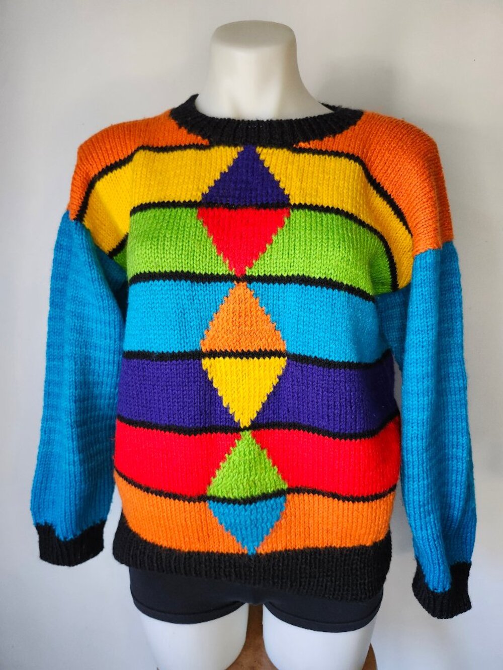 Funky Bright Multi-colour Handmade Knit Sweater w Stripes + Diamonds